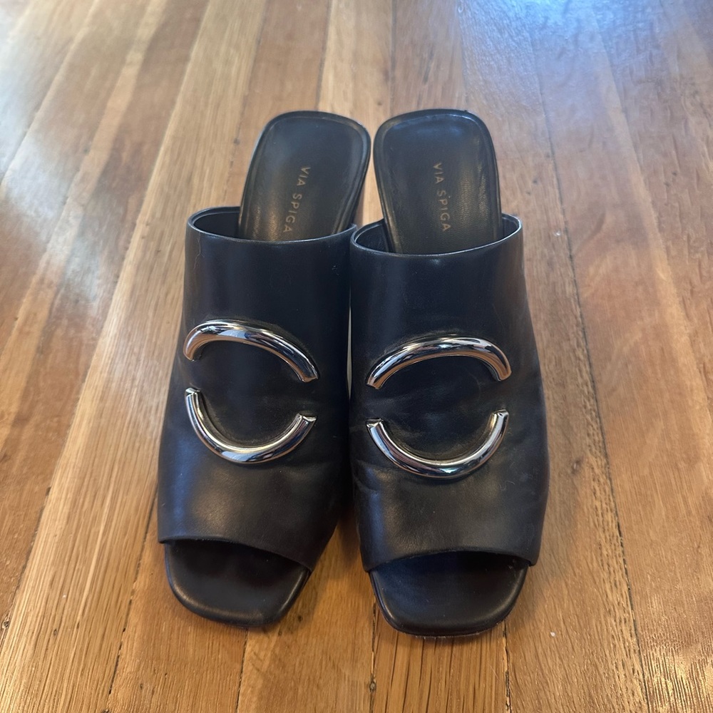 Silver metal Helena slide sandals chunky heel peep toe